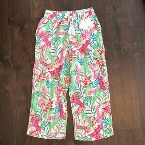 CYNTHIA ROWLEY LINEN PANT WIDE LEG LOOSE ELASTIC DRAWSTRING WAIST TROPICAL PRINT